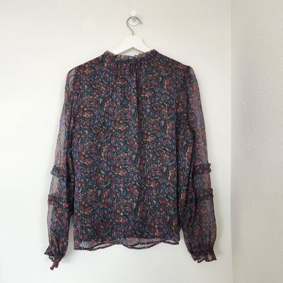 LOFT Paisley Sheer Ruffle Long Sleeve Blouse V Neck Boho Fall Top L - Picture 5 of 8